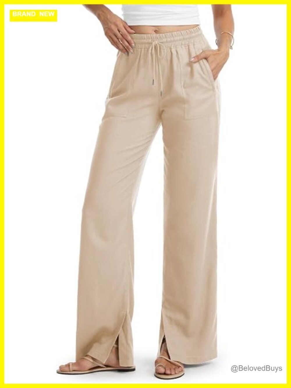 Linen Pants Wide Leg Side Slit Casual Palazzo Lounge with Pockets